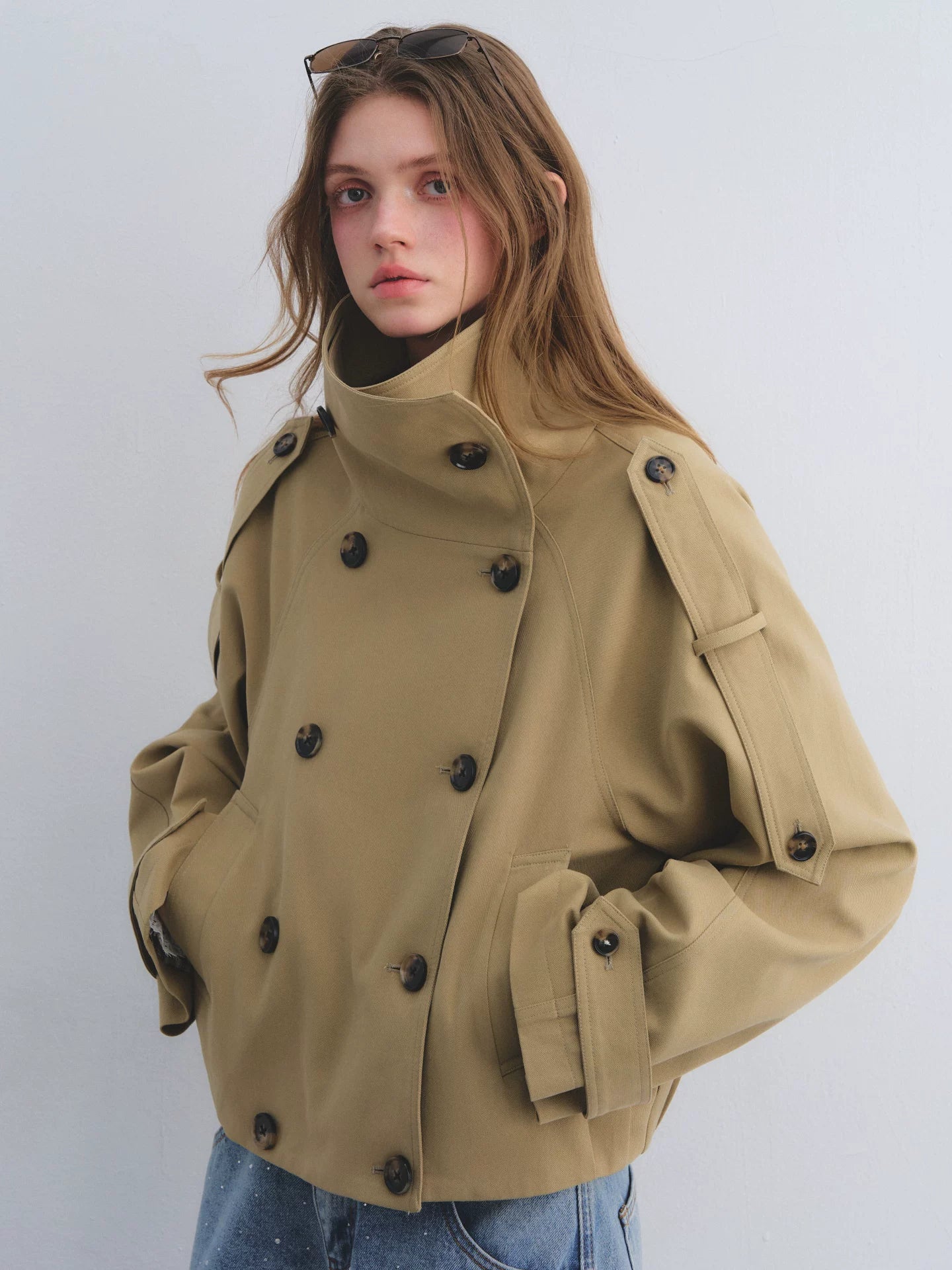Khaki Double-Breasted Short Coat