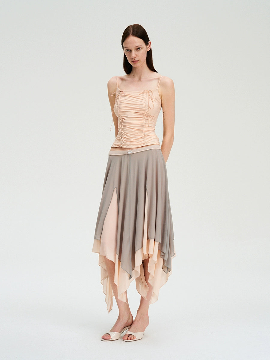 Colorblock Mesh Flared Midi Skirt