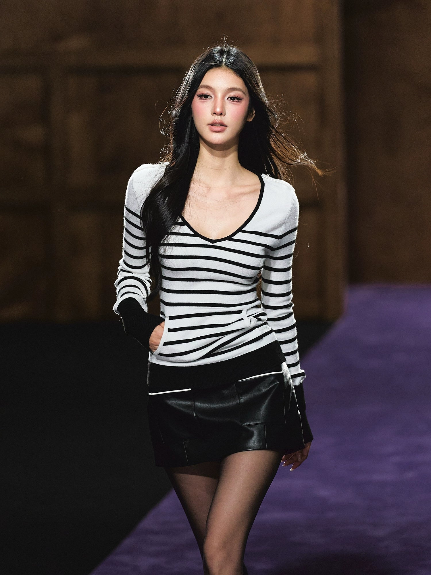 Striped V-Neck Epaulet Long-Sleeve Tee