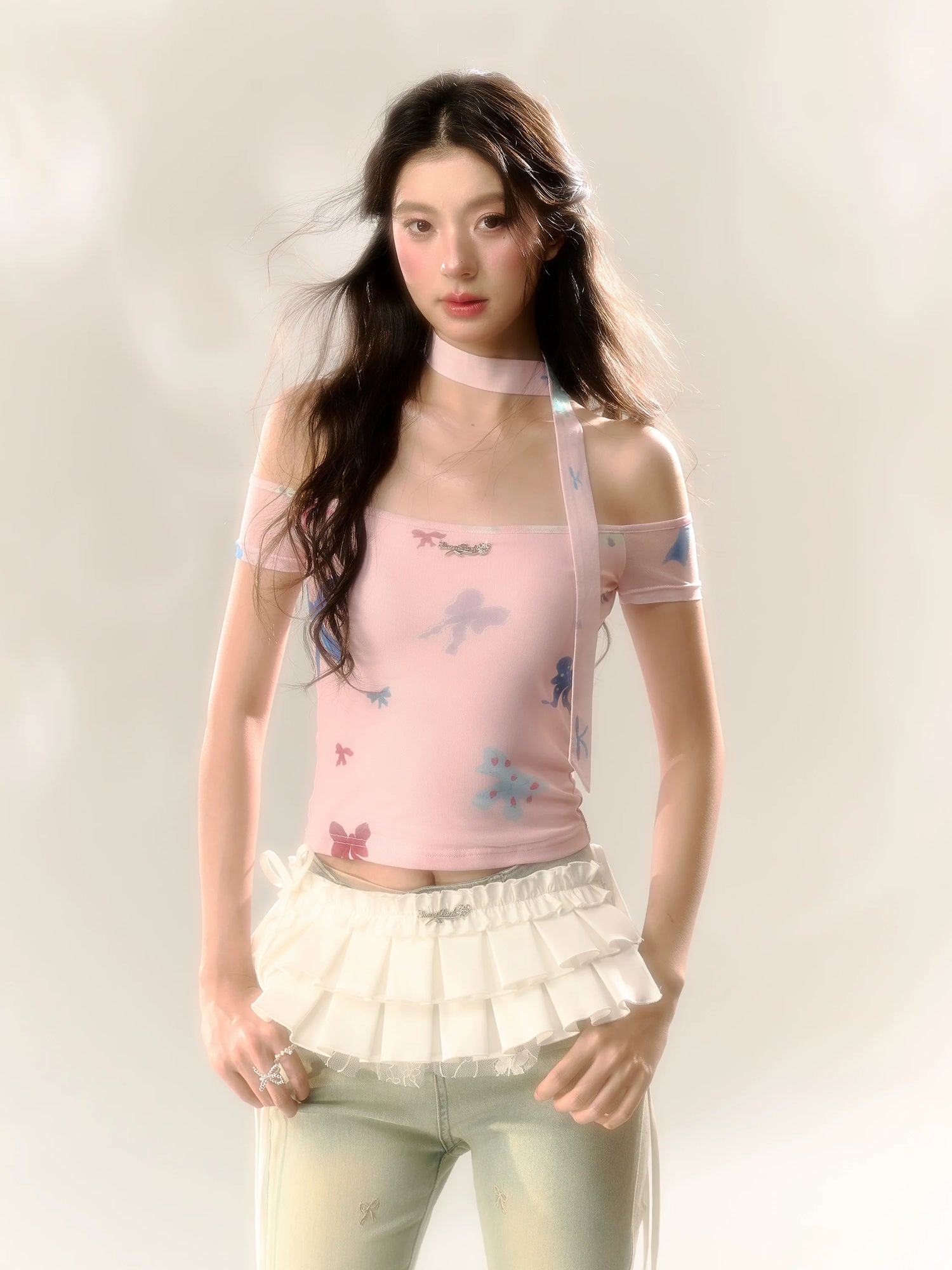 Red Polka Dot & Pink Butterfly Mesh One-shoulder T-shirt