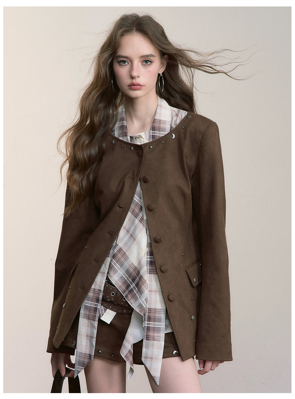 Brown Studded Suede Cinched Jacket