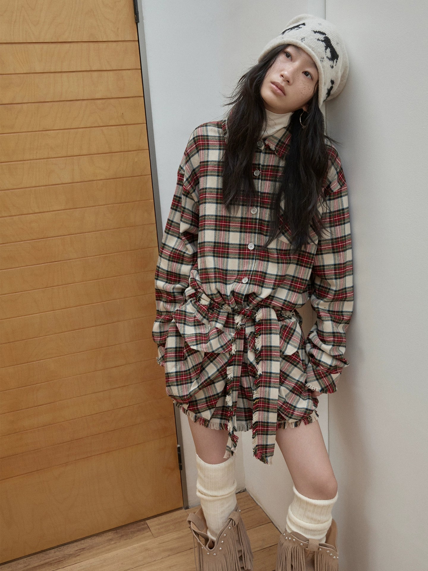 Vintage Red Plaid Frayed-Edge Utility Shirt Dress