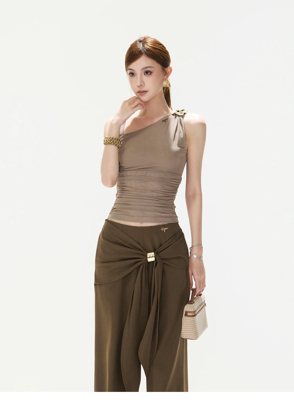 Ruched Mesh One-Shoulder Top