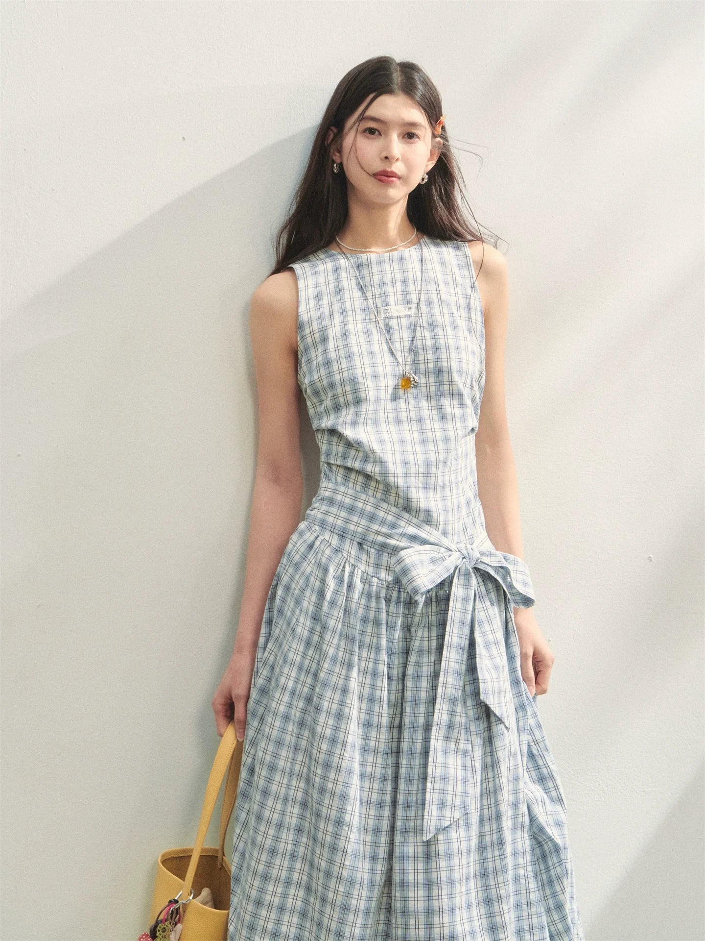 Belted Waist Checked Vest Dress