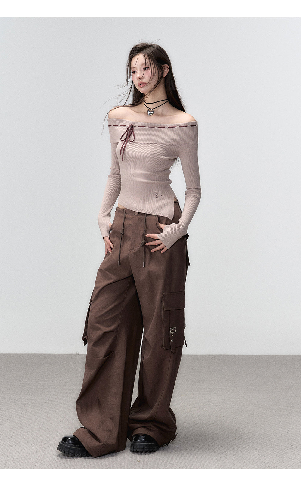 Black & Brown Off-shoulder Knitted Long Sleeve T-shirt