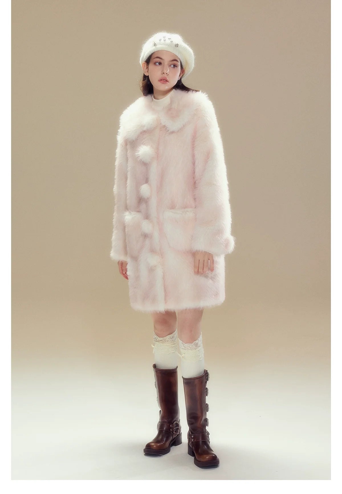 Pink Ombre Doll Collar Long Shearling Coat