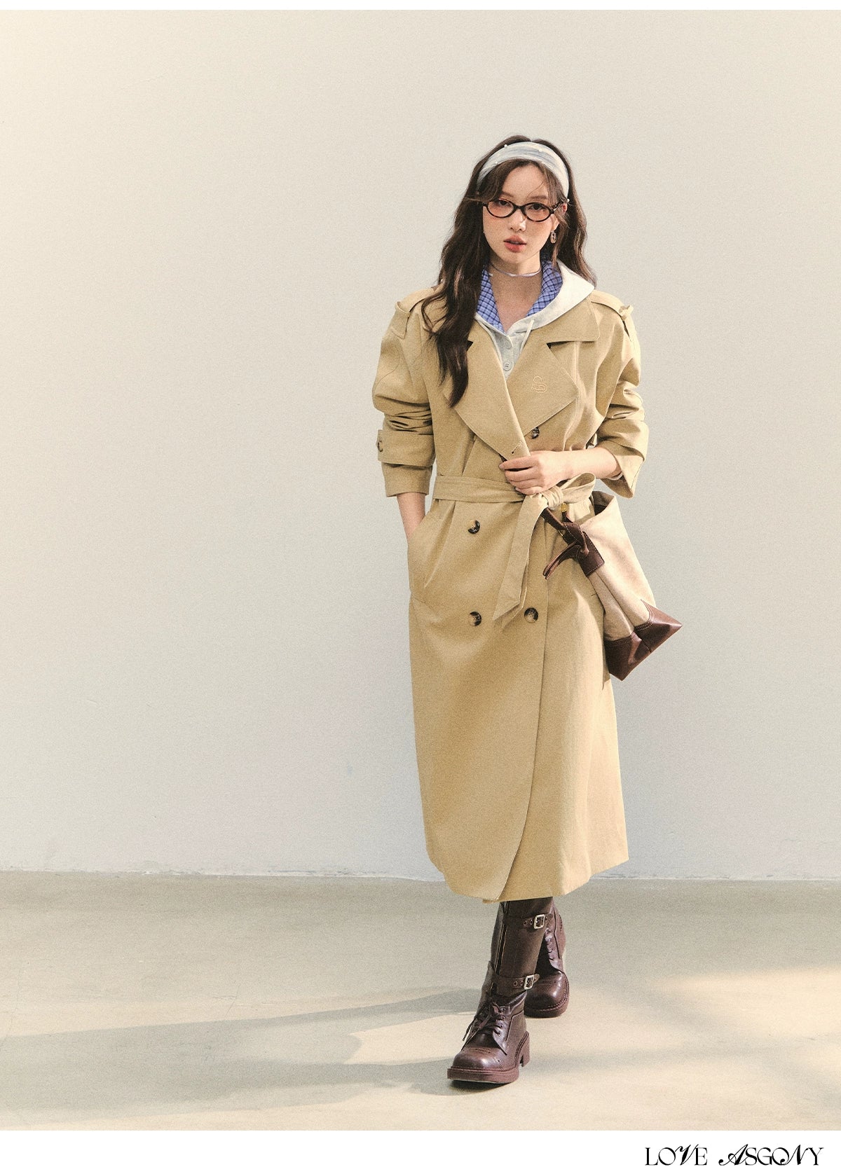 Khaki Embroidered Collar Khaki Long Trench Coat