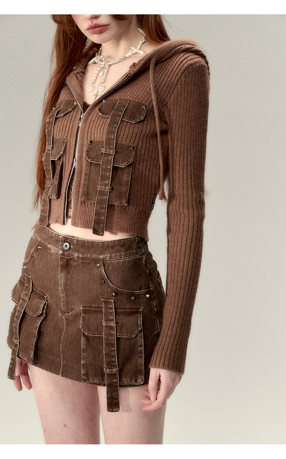 Coffee & Gray Patchwork Drawstring Cardigan