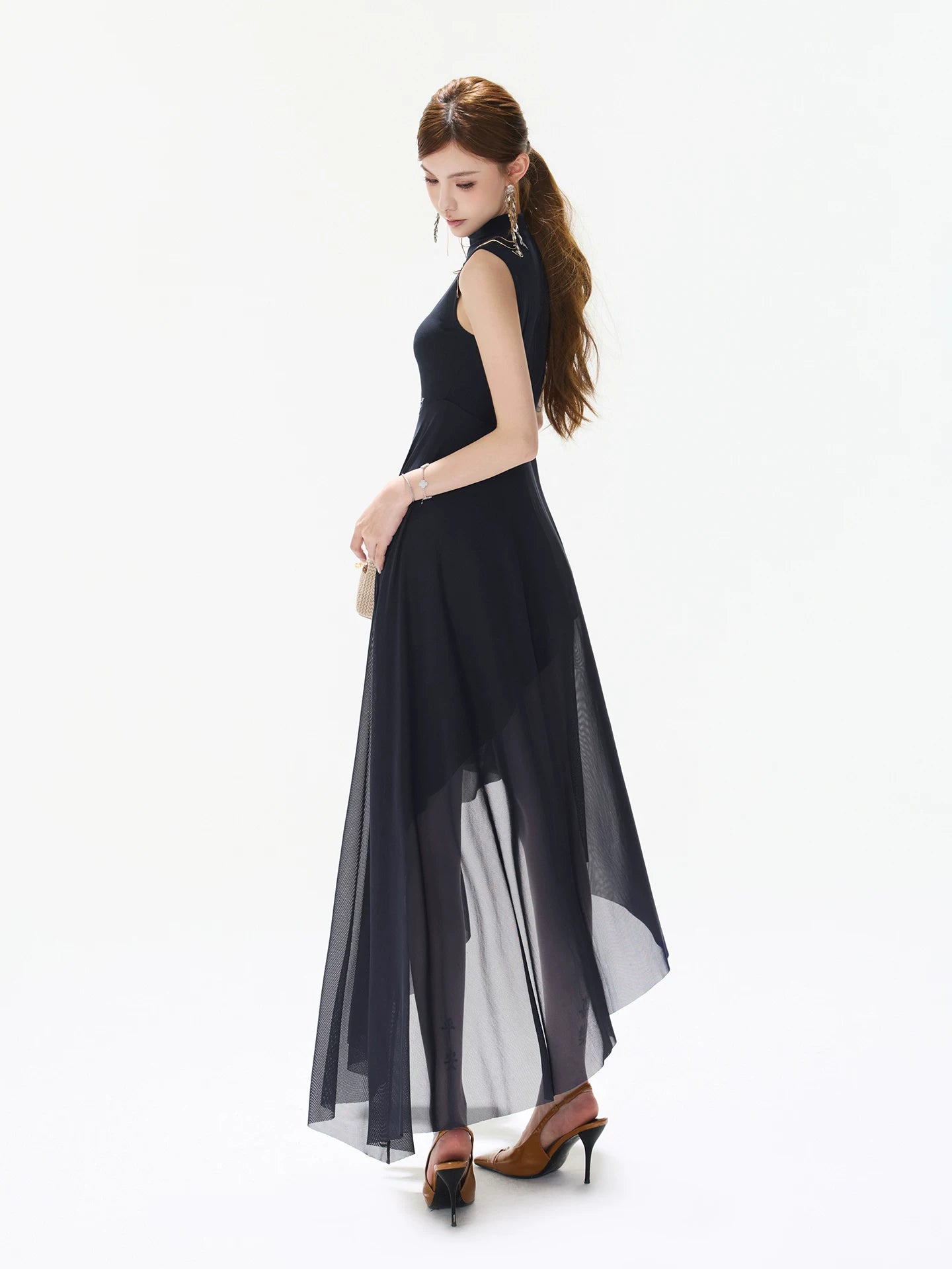 Navy Asymmetric Mock Neck Dress