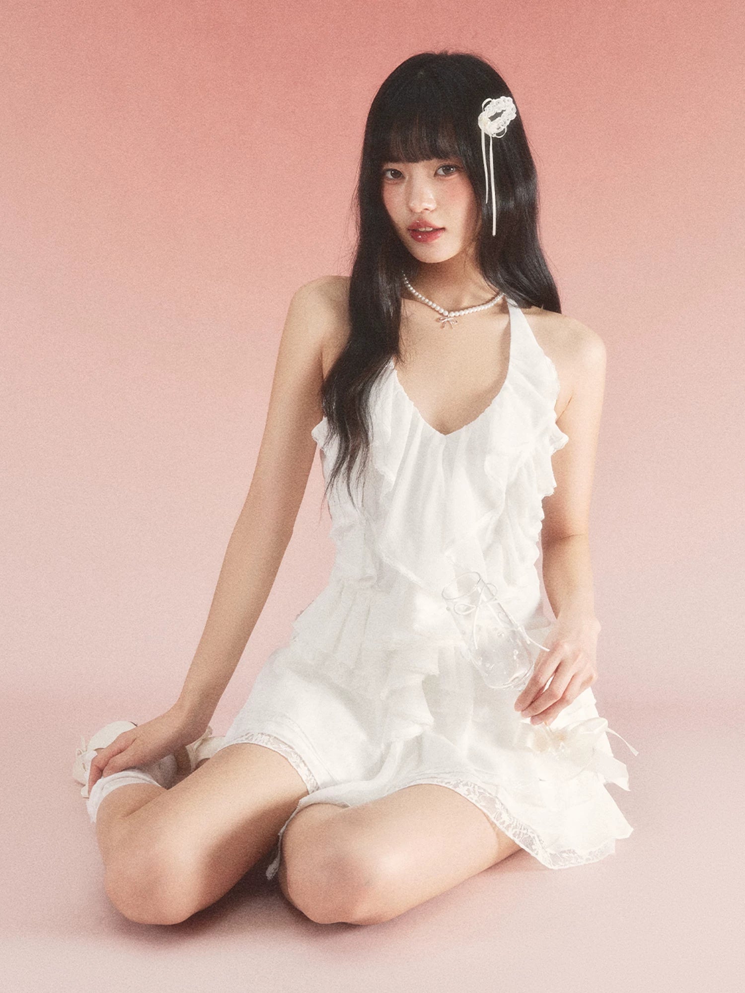 White Ruffle Halter Dress