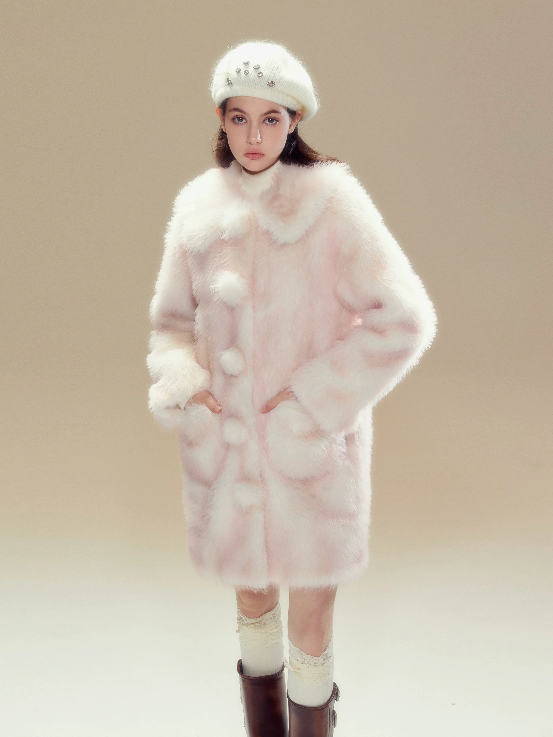 Pink Ombre Doll Collar Long Shearling Coat