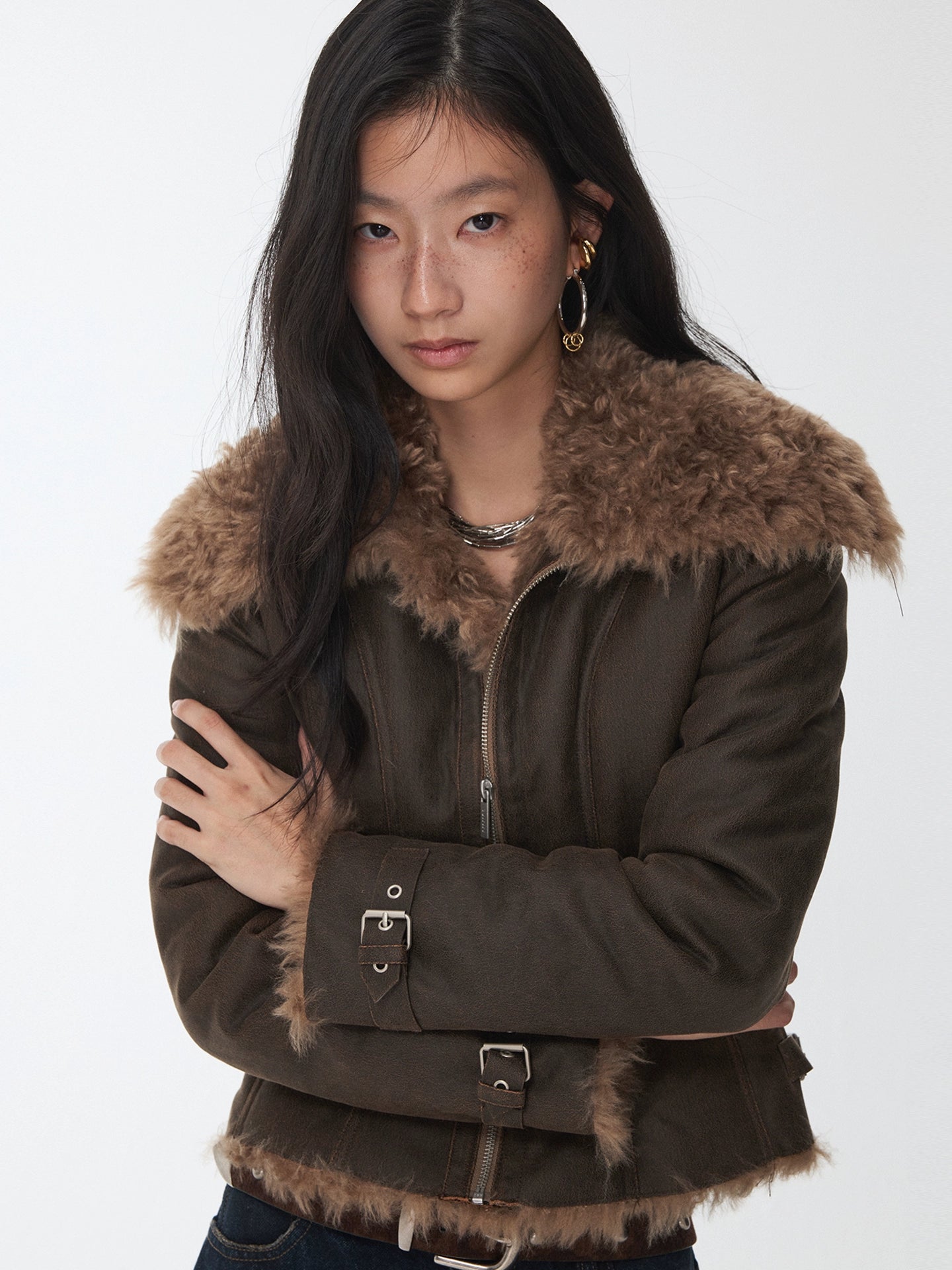 Washed Faux Shearling Fitted Jacket