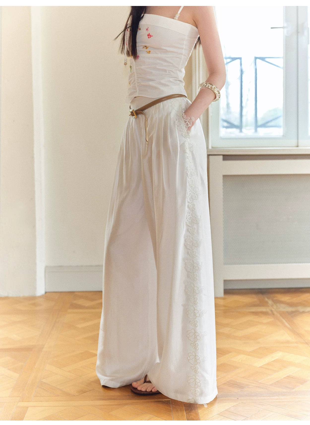 Lace Spliced Wide-Leg Pants