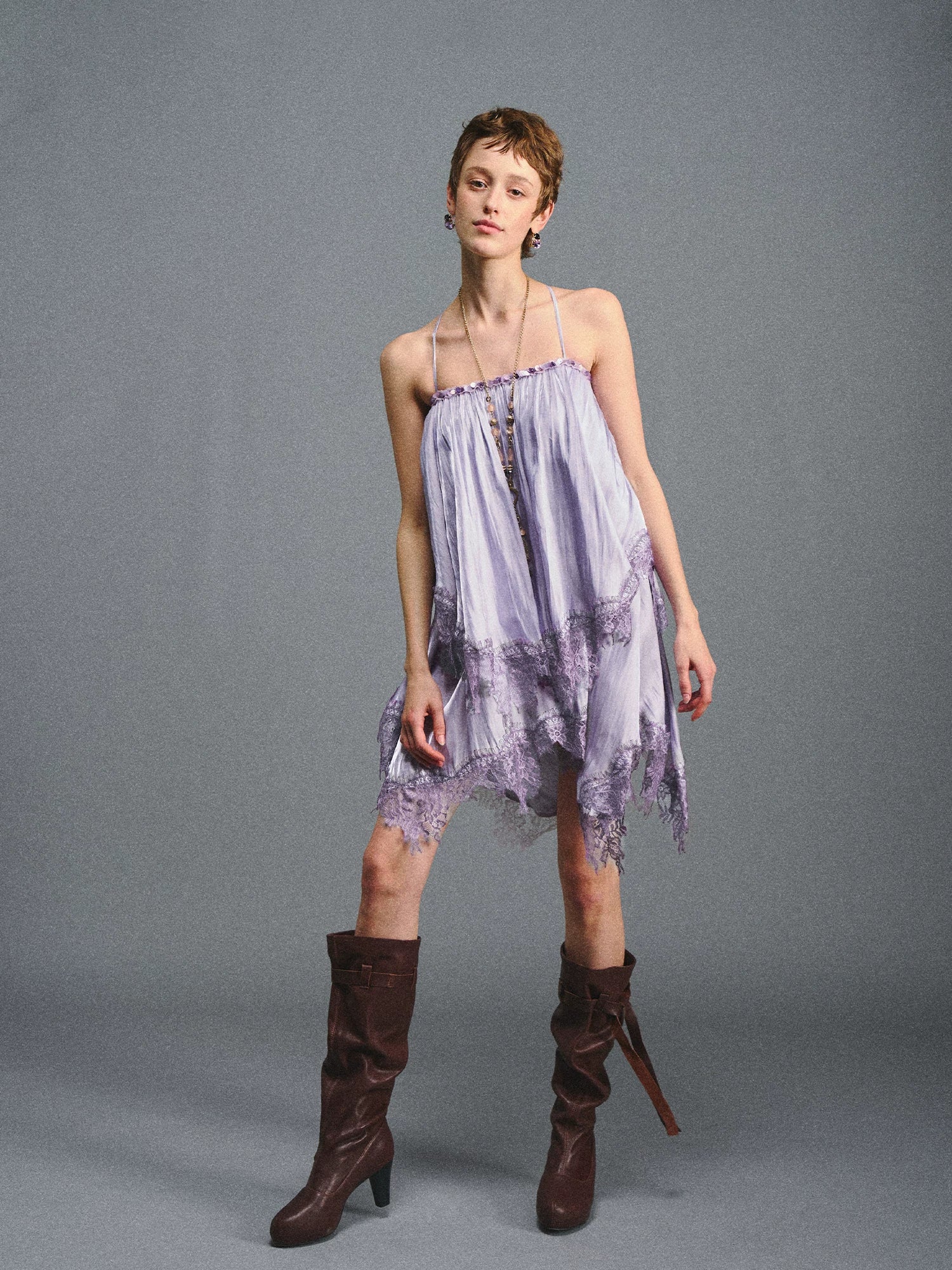 Lilac Beaded Satin Cami Dress