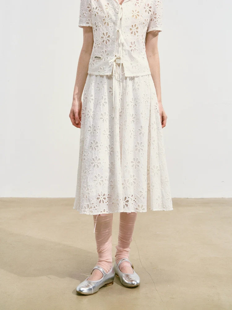 Hollow-out Flower Tie-up Short-Sleeve Top & Skirt Set