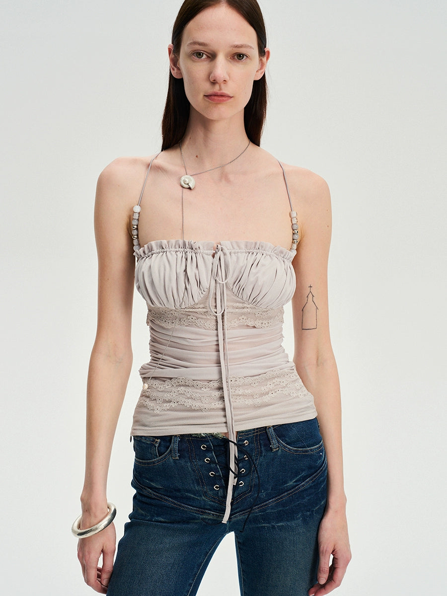 Beaded Strap Lace Splicing Acetate Cami Top