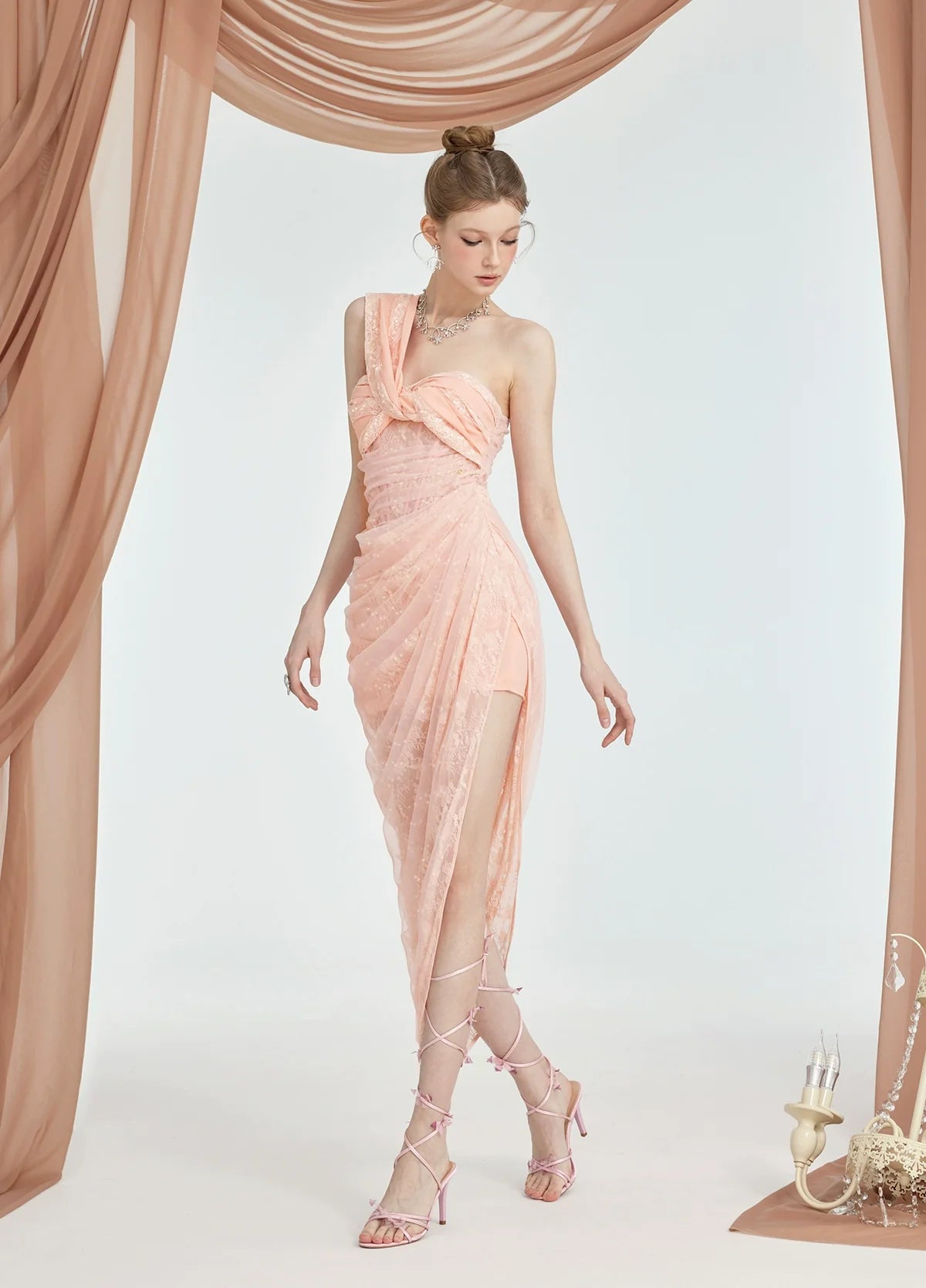 Lillian Lace Chiffon Mesh Knot Dress