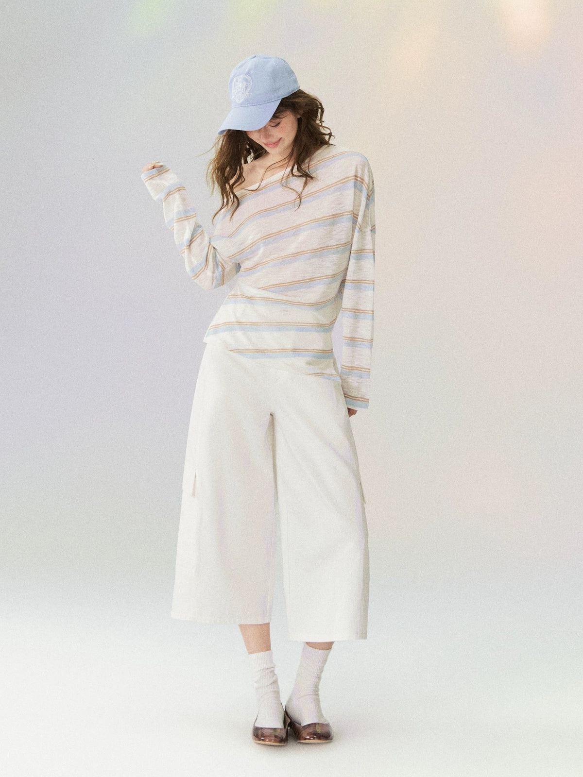 Sheer Off-Shoulder Striped Long Sleeve T-shirt
