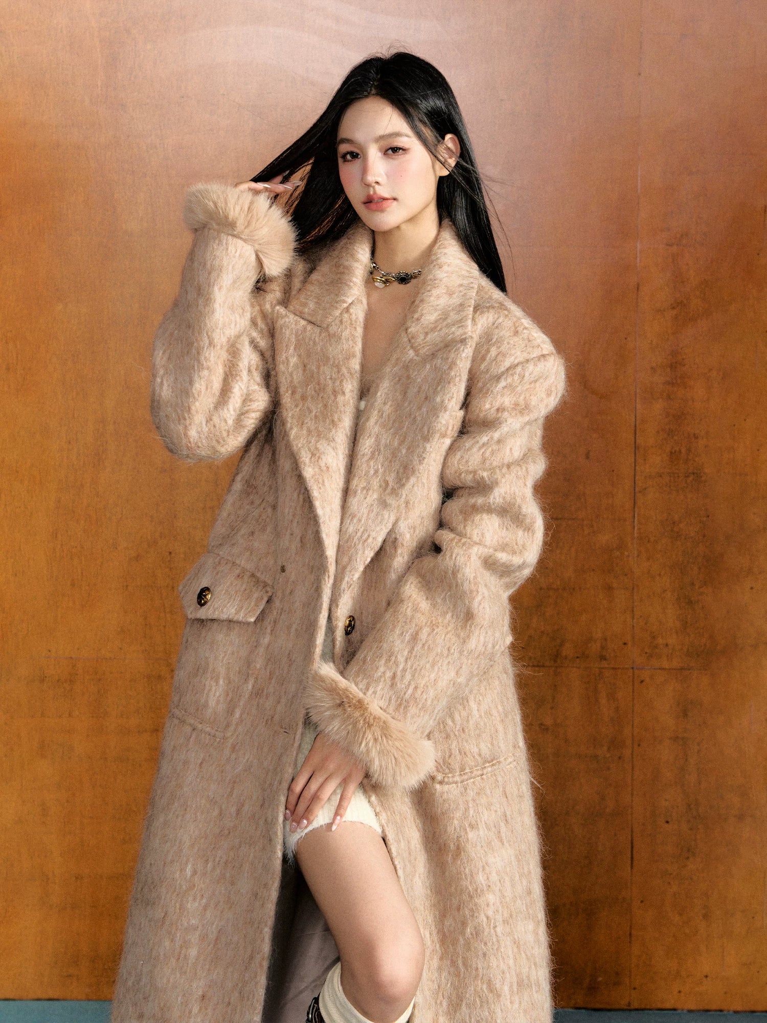Camel & Brown Detachable Fur Wool Coat