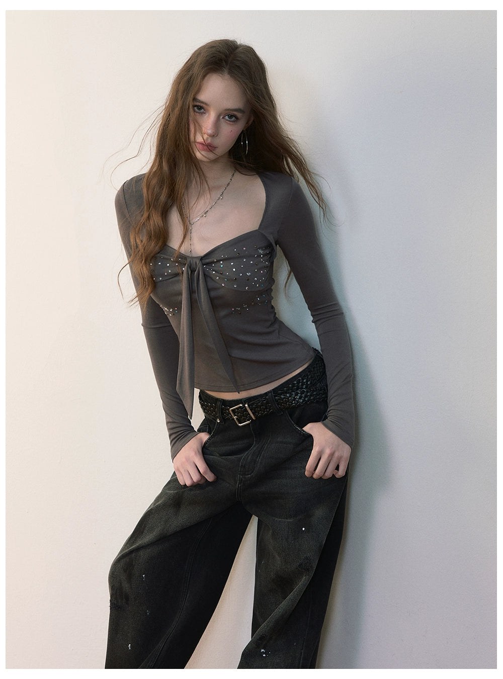 Bow Rhinestone U-neck Blouse