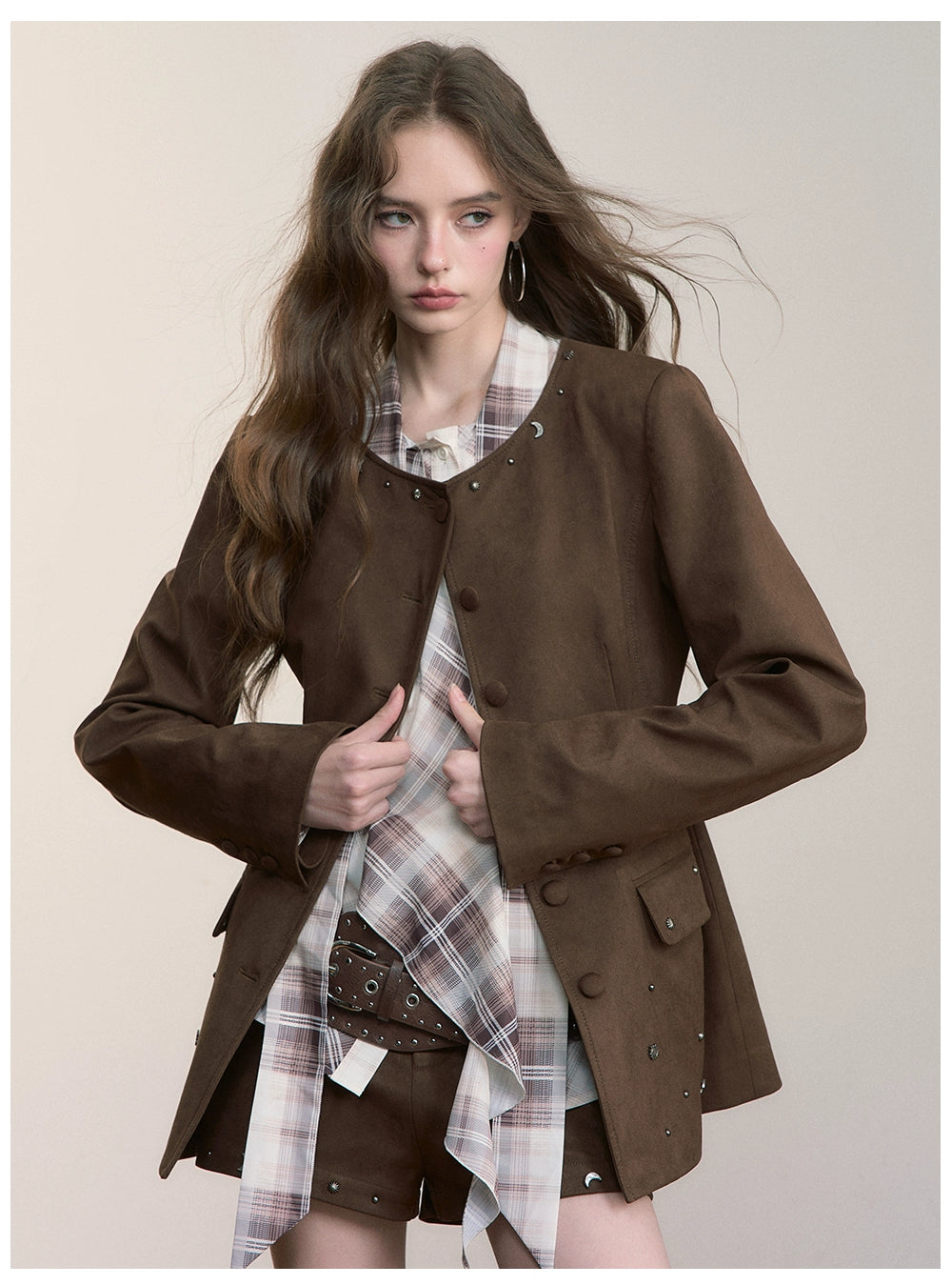 Brown Studded Suede Cinched Jacket