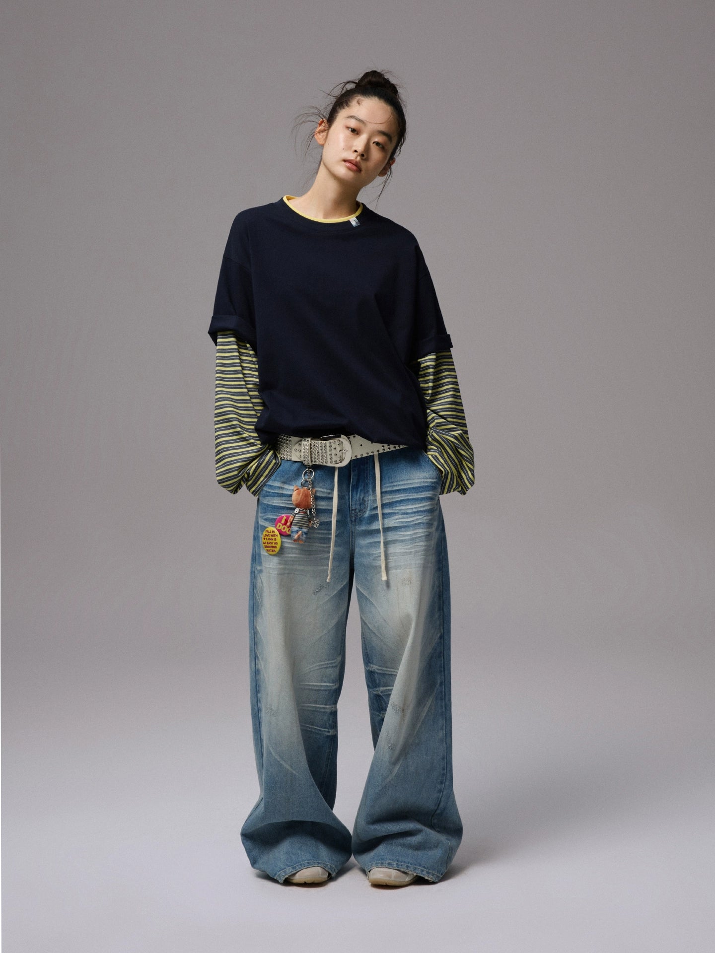 Fake Two-Piece Contrast Color Loose Striped T-Shirt