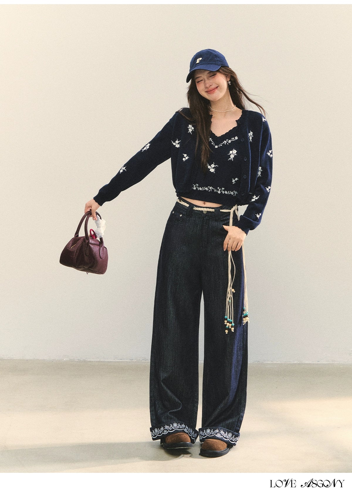 Navy Floral Embroidered Cardigan & Camisole Set