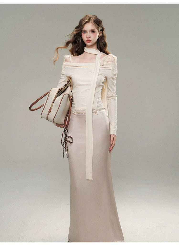 White& Black Off-Shoulder Lace Knit Crewneck