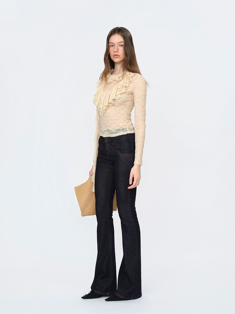 Beige Lace Trim Blouse