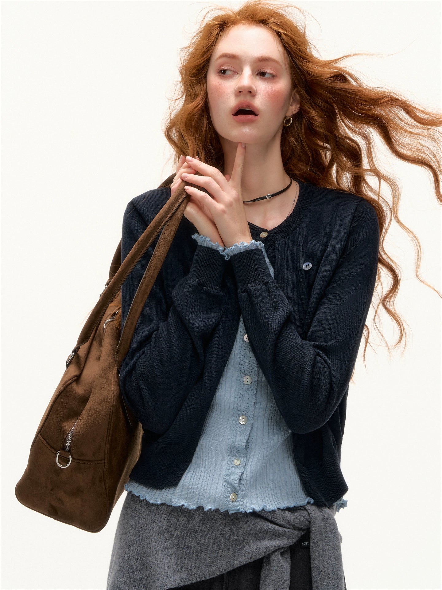 Contrast Mock-Layer Knit Cardigan