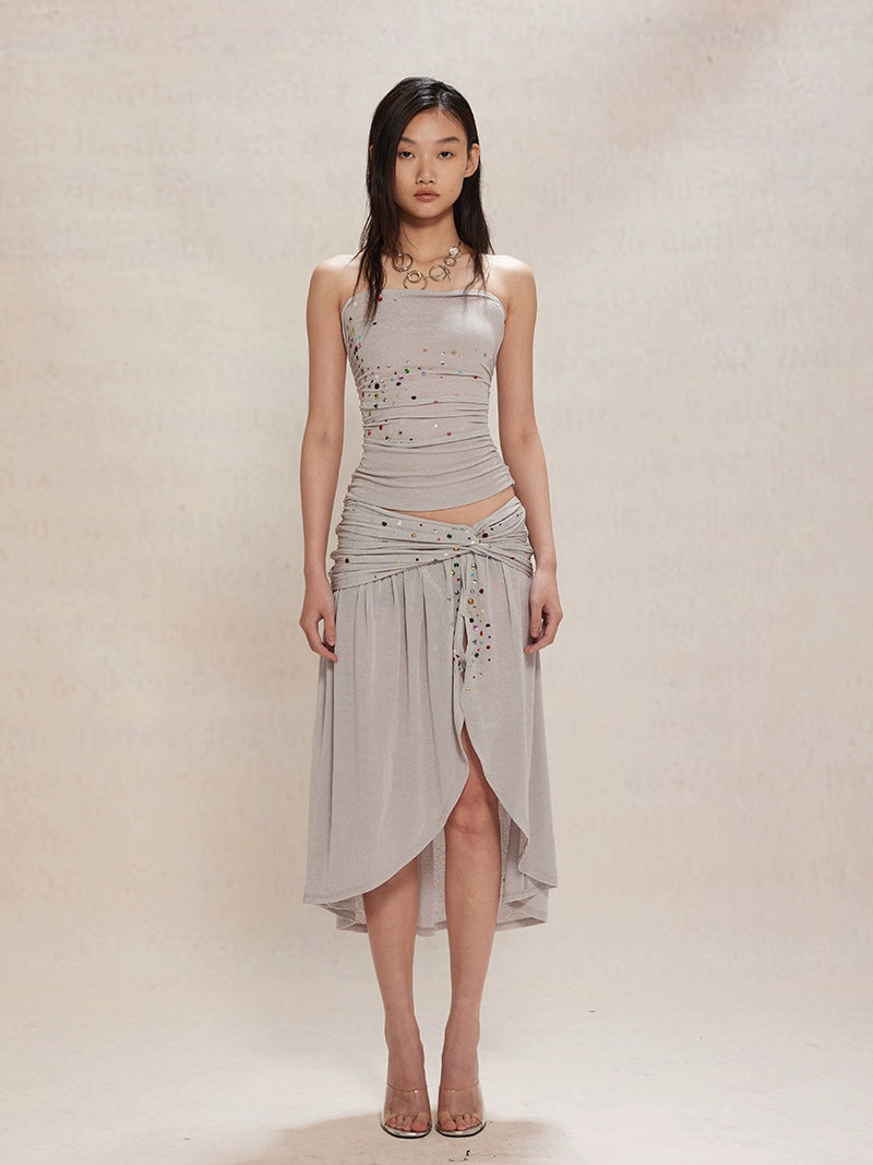 Rhinestone Strap Knit Tube Top & Skirt Set