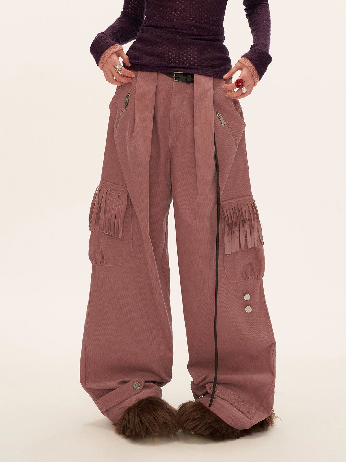 Fringed Corduroy Straight-Leg Pants