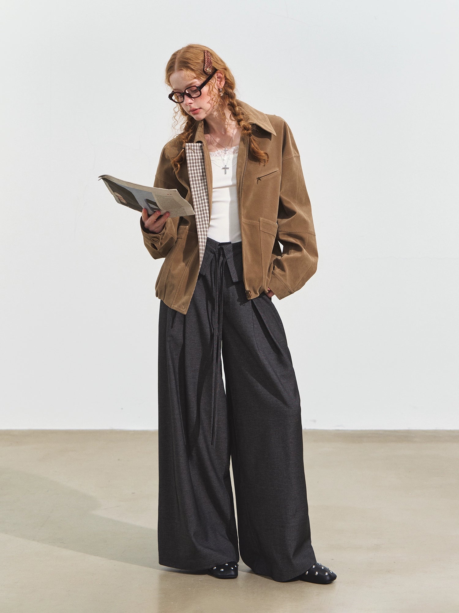Gray Draped Flip-Waist Trousers