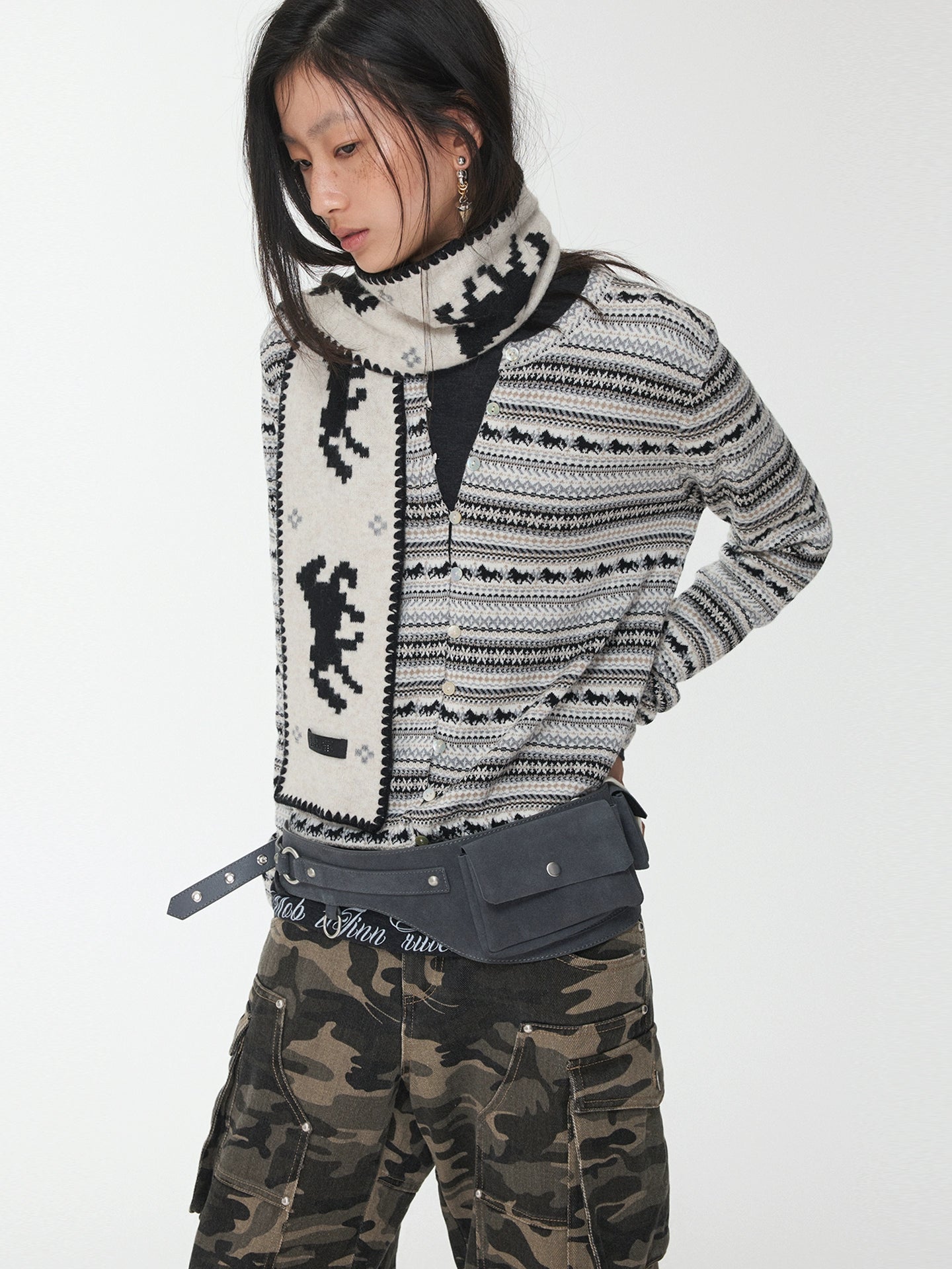 Fair Isle Pony Jacquard Drawstring Knit Cardigan