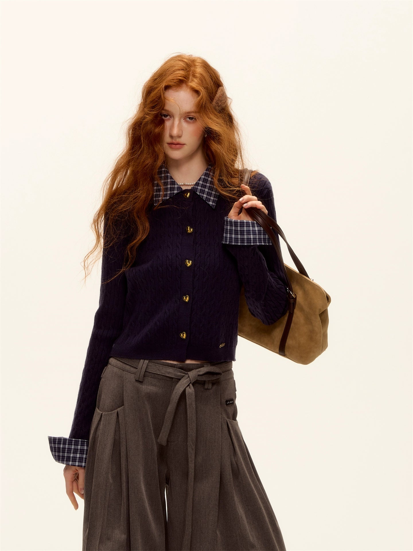 Plaid-Collar Cable Knit Top