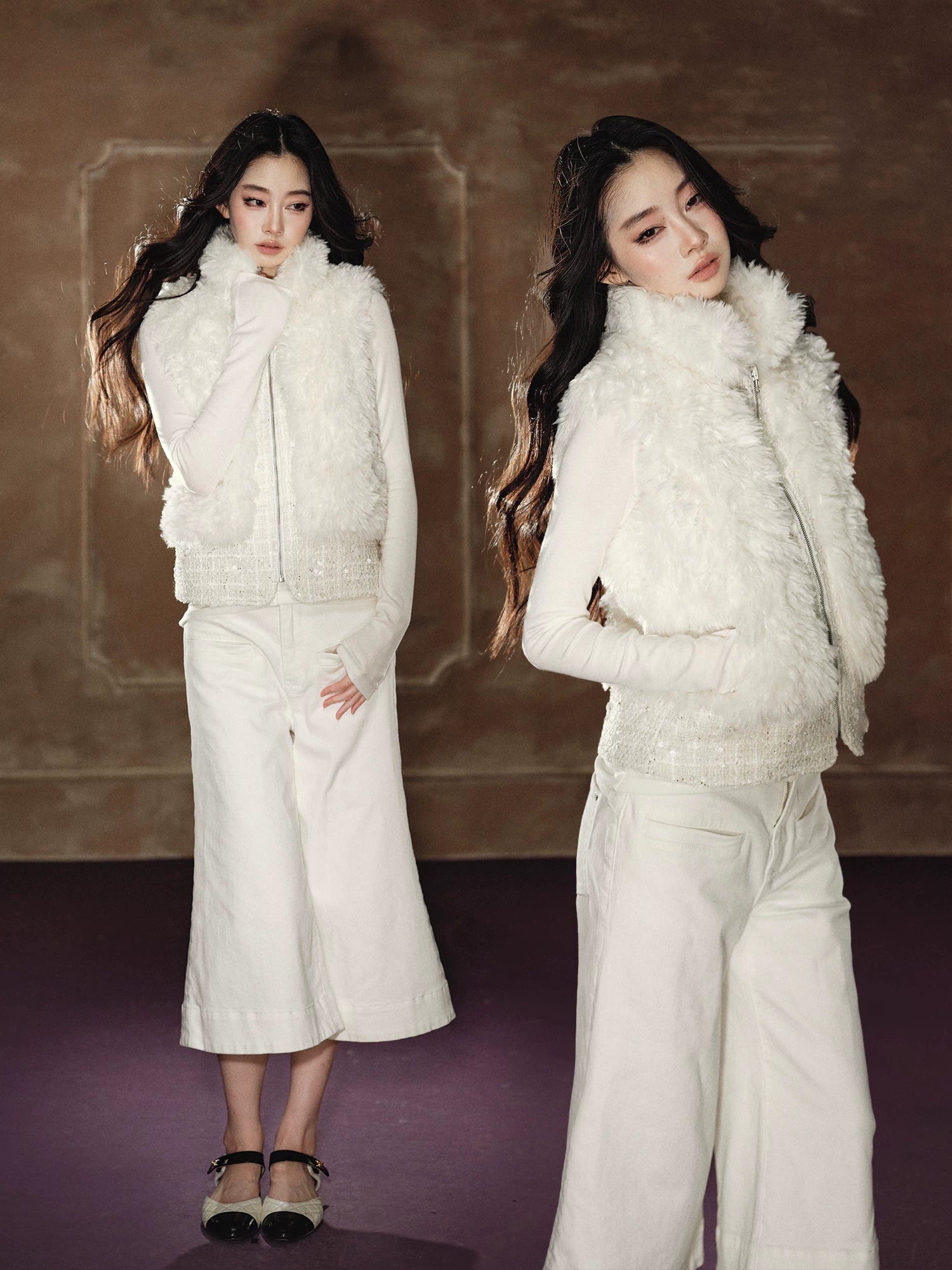White Beaded Faux Fur Vest