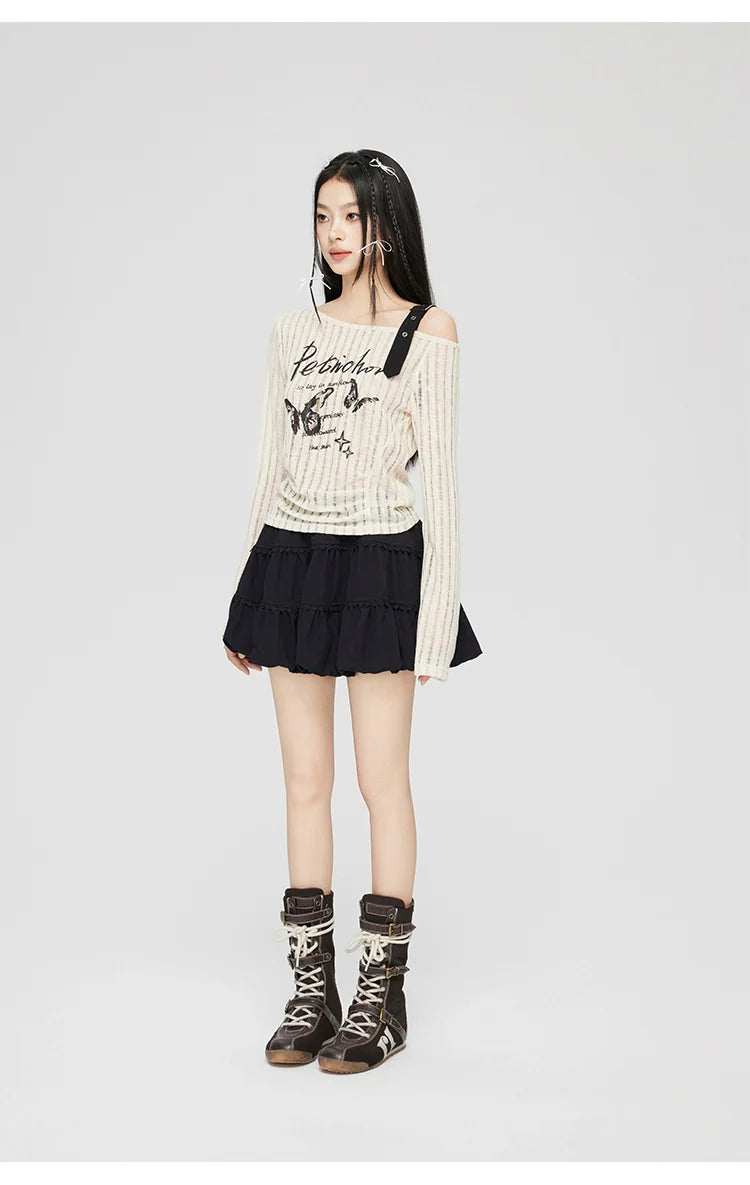 Gray & Beige Hollow Off-shoulder Long Sleeve T-shirt