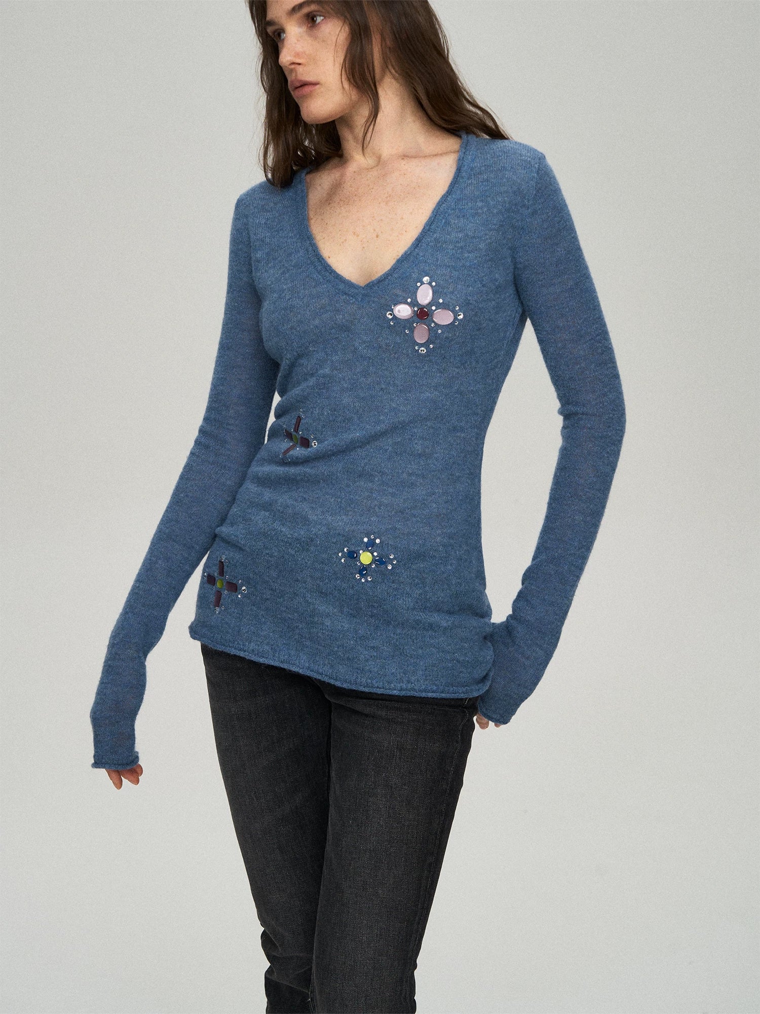 Camel Hair Sequin V-Neck Top