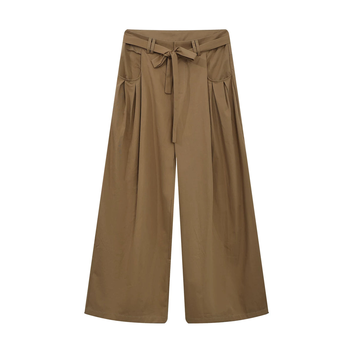 Khaki Tie-Waist Wide-Leg Pants