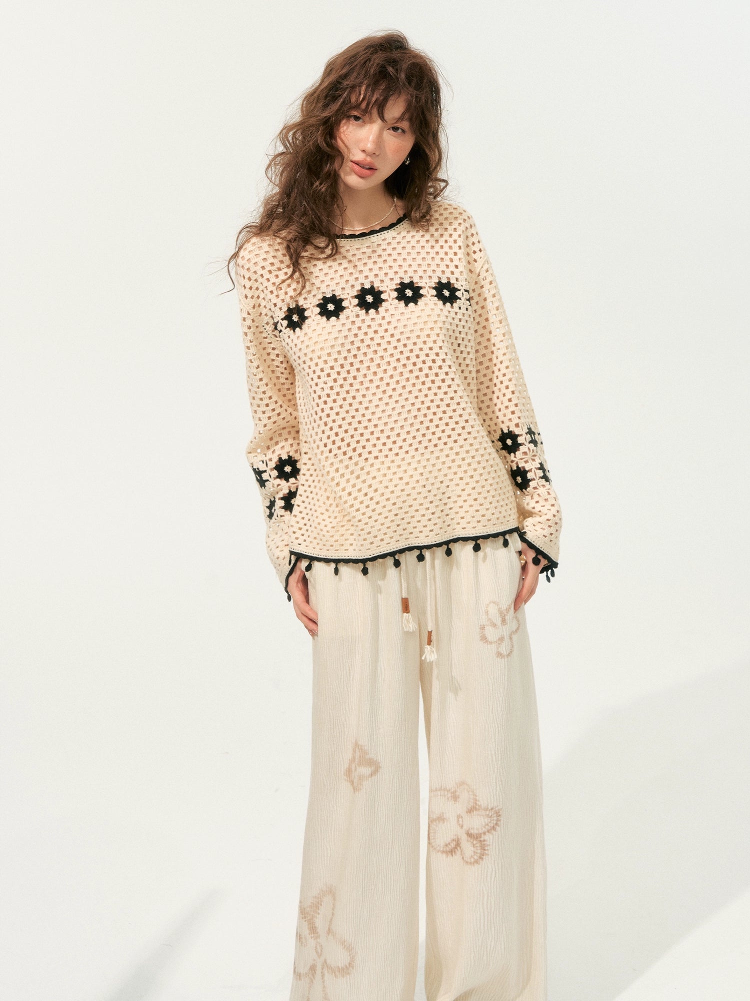 Hollow Out Pullover Crochet Crew Neck Sweater