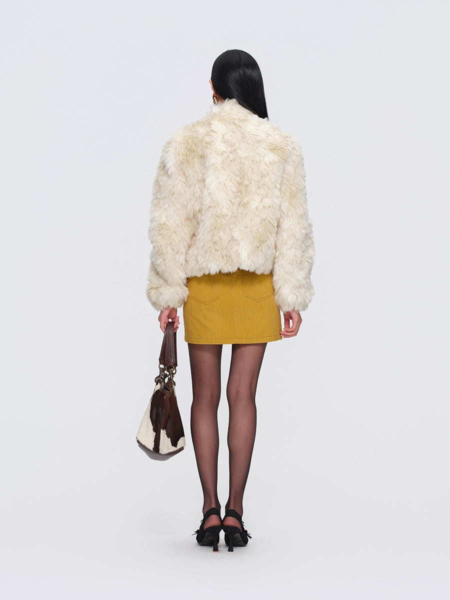 Faux-Fur Stand-Collar Toggle Cropped Jacket