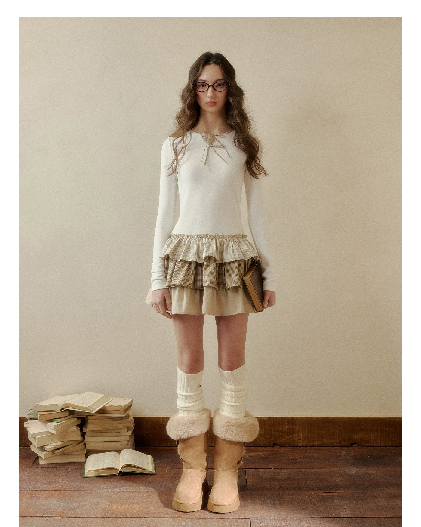 Brown & White Knit Plaid Tiered Dress