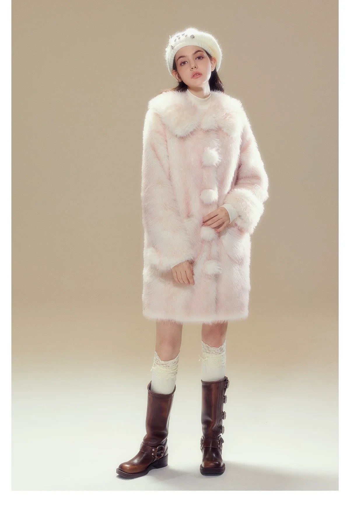 Pink Ombre Doll Collar Long Shearling Coat