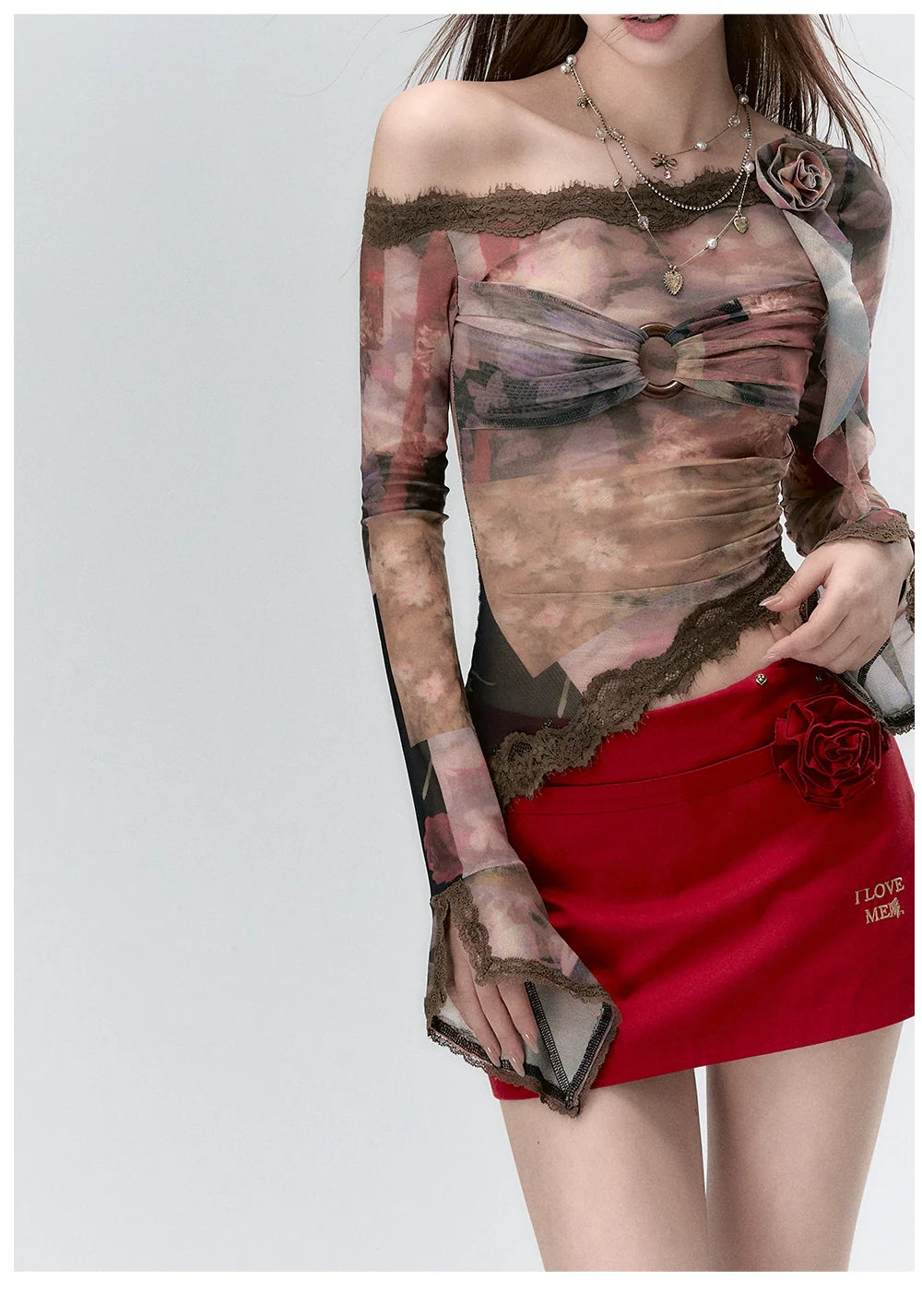 Lace Paneling Mesh Off-the-Shoulder Blouse