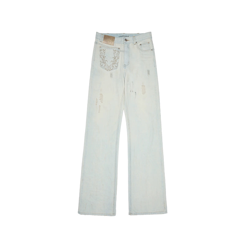 Light Blue Mud - Dyed Floral Embroidered Jeans