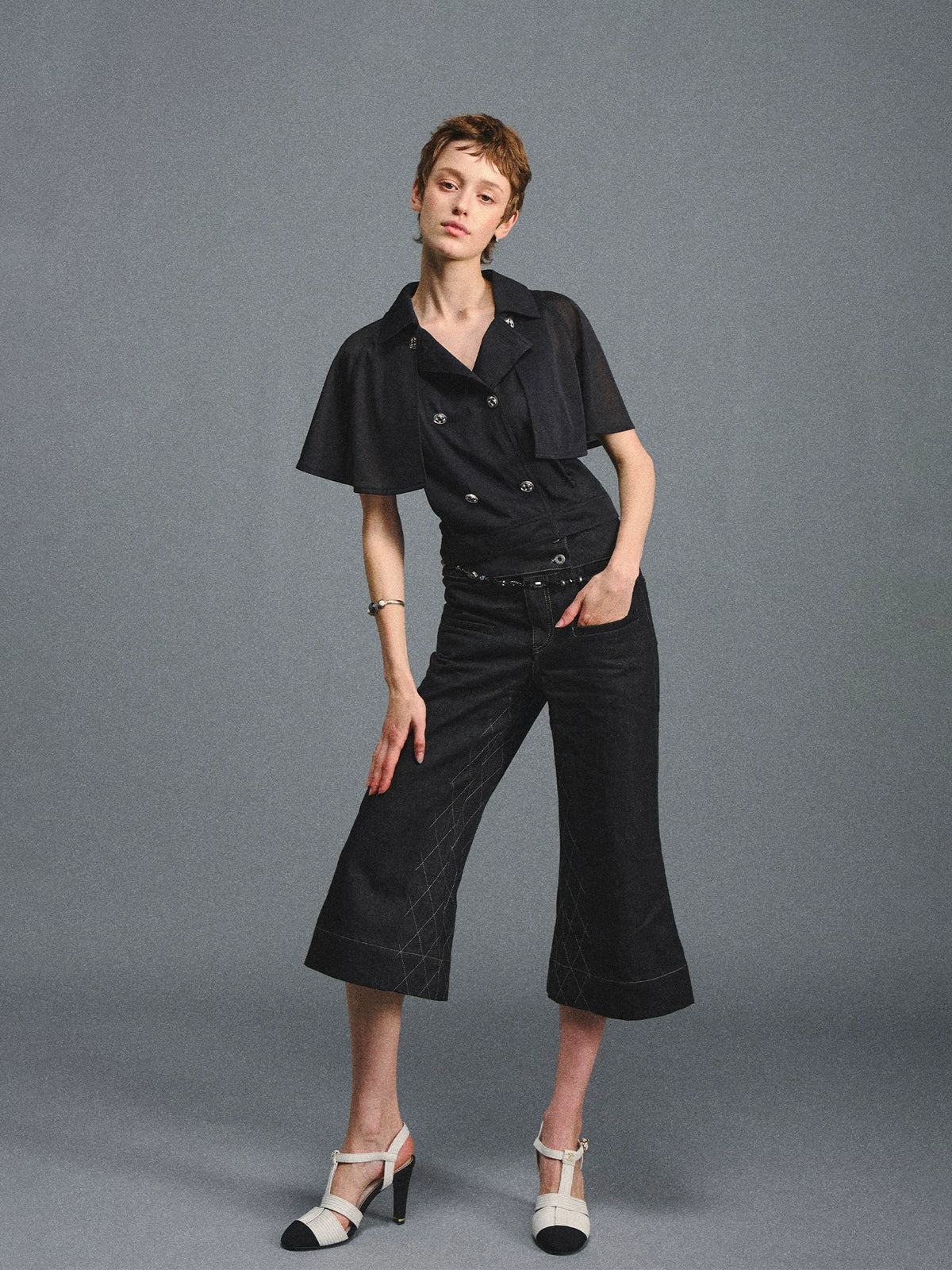 Black Quilted Cropped Flared Jeans