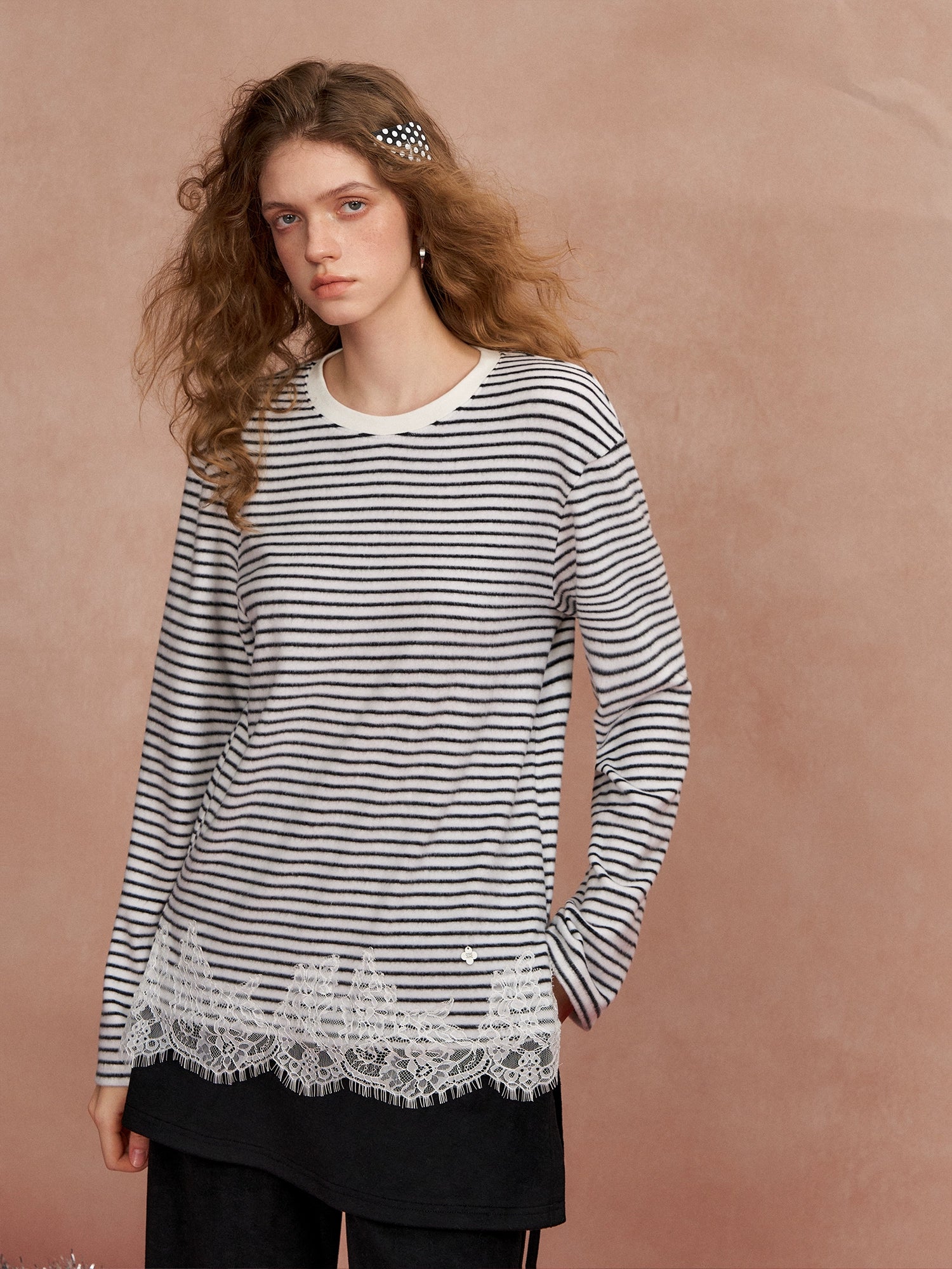 Lace Panel Fuzzy Stripe Tee