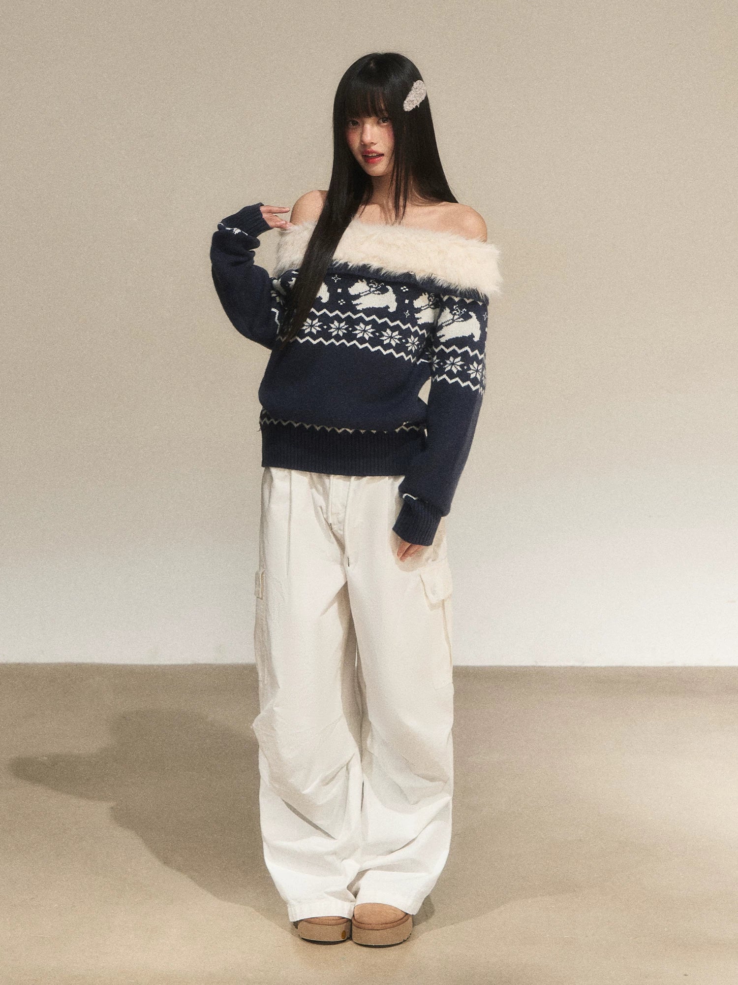 Navy Blue Fair Isle Off-Shoulder Knit Top
