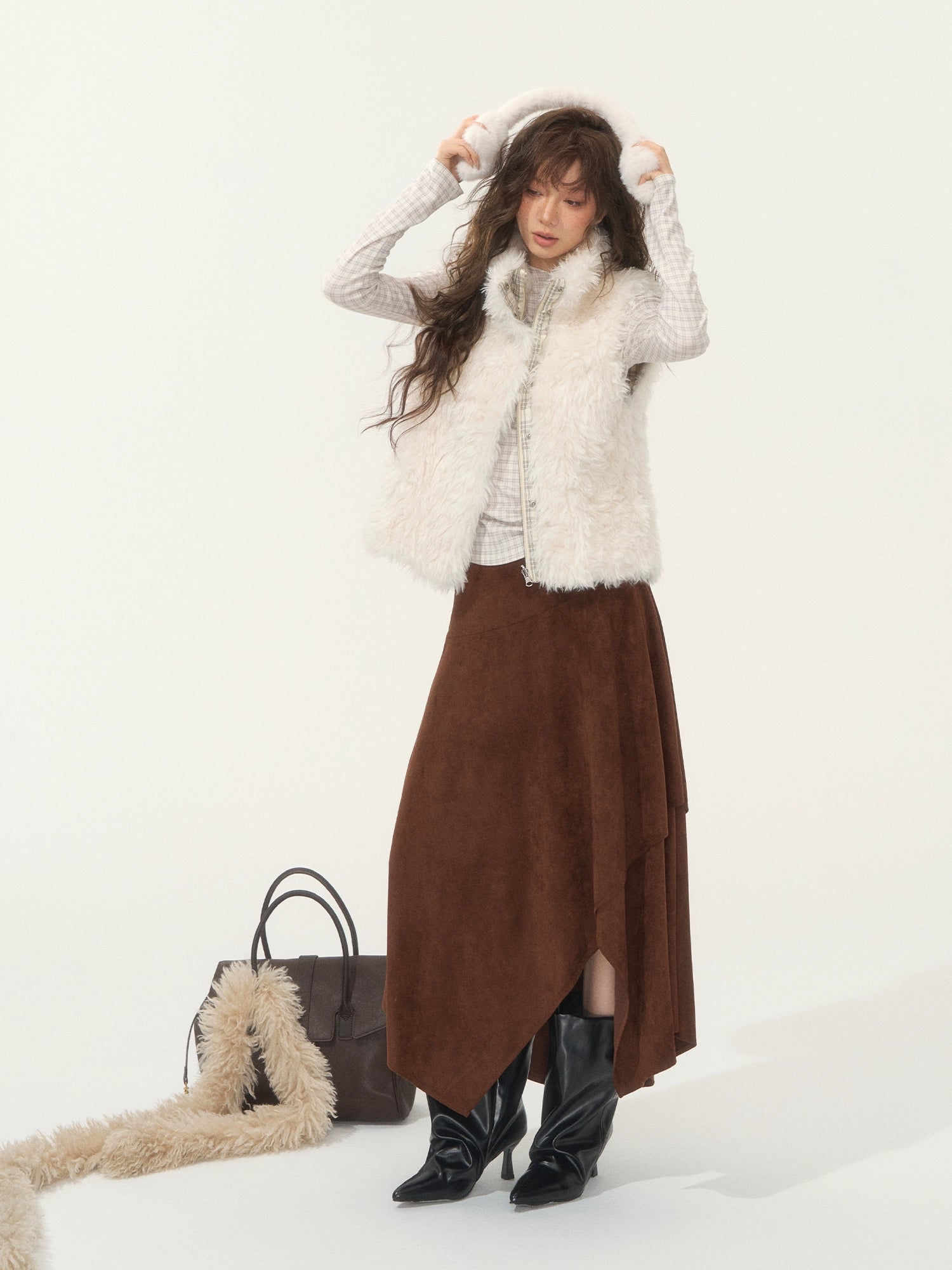 Velvet-Touch Plaid Draped Off-Shoulder Long Sleeve