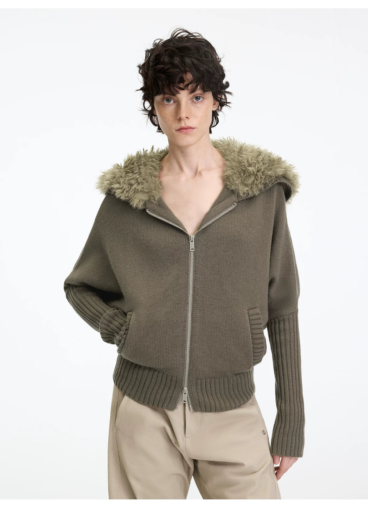 Hooded Fur Collar Knit Cardigan